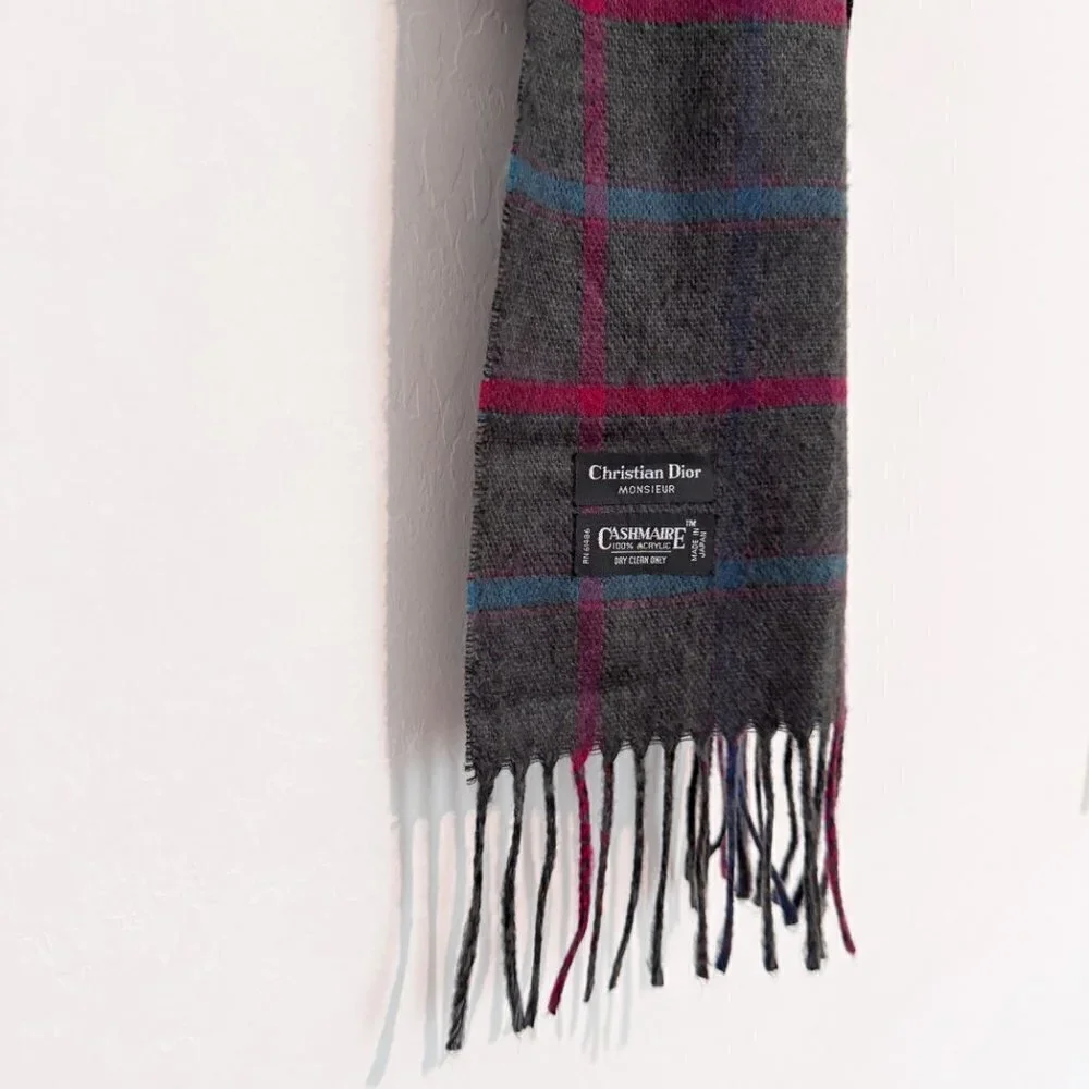 Christian Dior‎ Scarf Plaid Windowpane Cashmaire Fringe Vintage Dark Academia